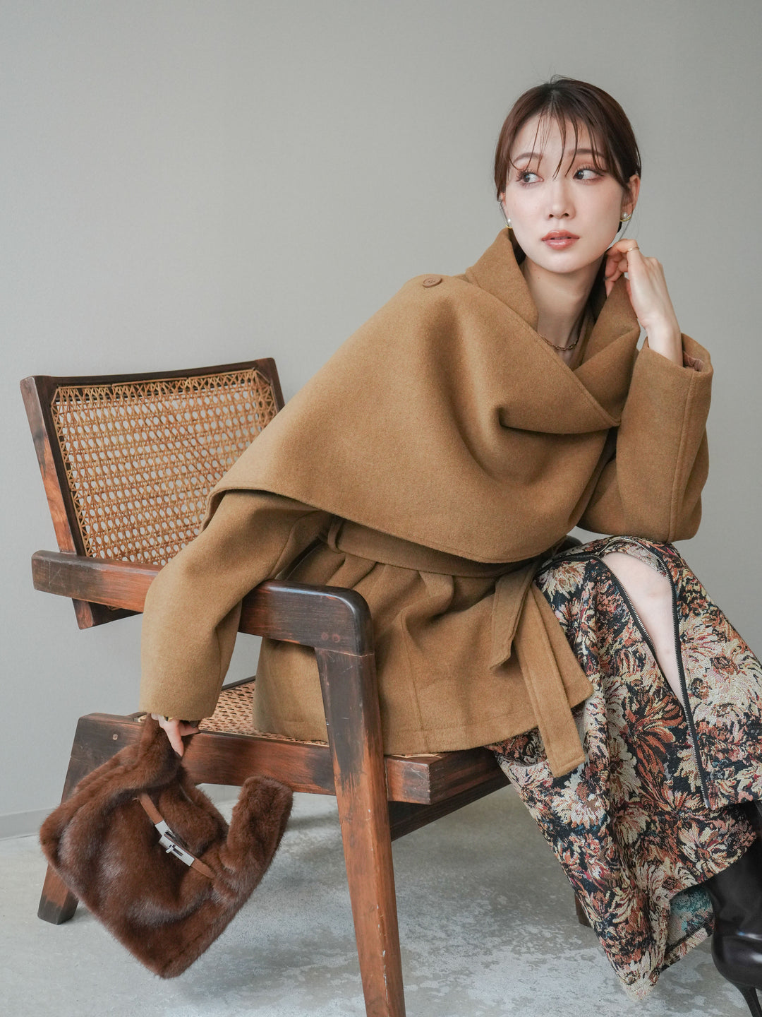 [予約]ストールデザインショートコート/camel