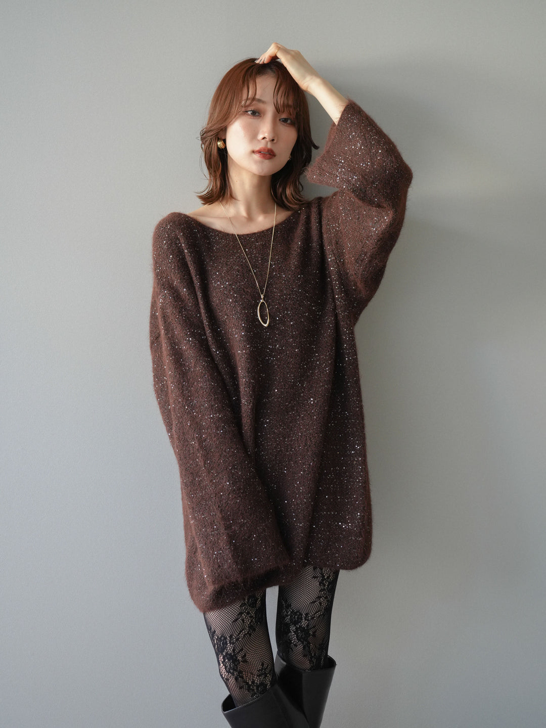 [予約]スパンコールミニシャギーニットチュニック/brown