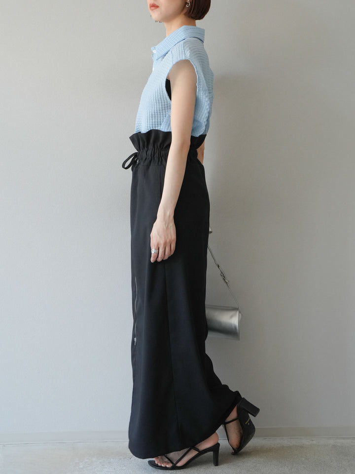 [SET]シアーチェックノースリーブシャツ+ヘザーエステルギャザージップスカート(2set)