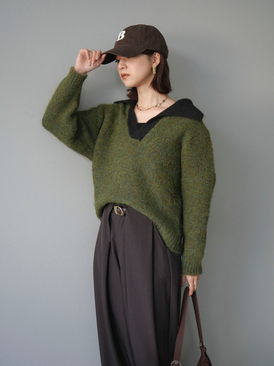 [SET]バイカラー襟付きニットプルオーバー+ベルトループデザインワイドパンツ(2set)