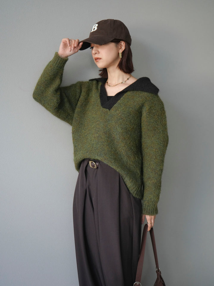 [SET]バイカラー襟付きニットプルオーバー+ベルトループデザインワイドパンツ(2set)