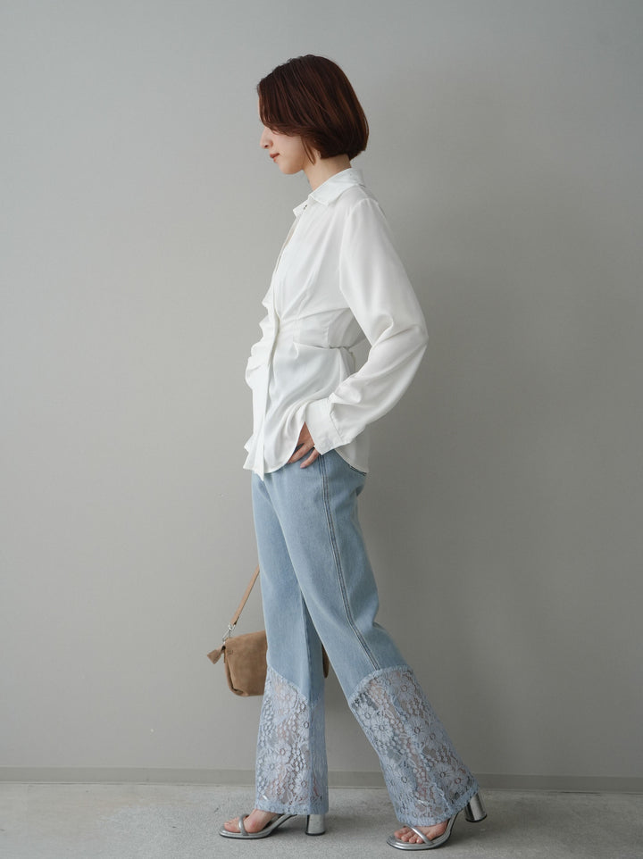 [予約]レース切替フレアデニムパンツ/bleach