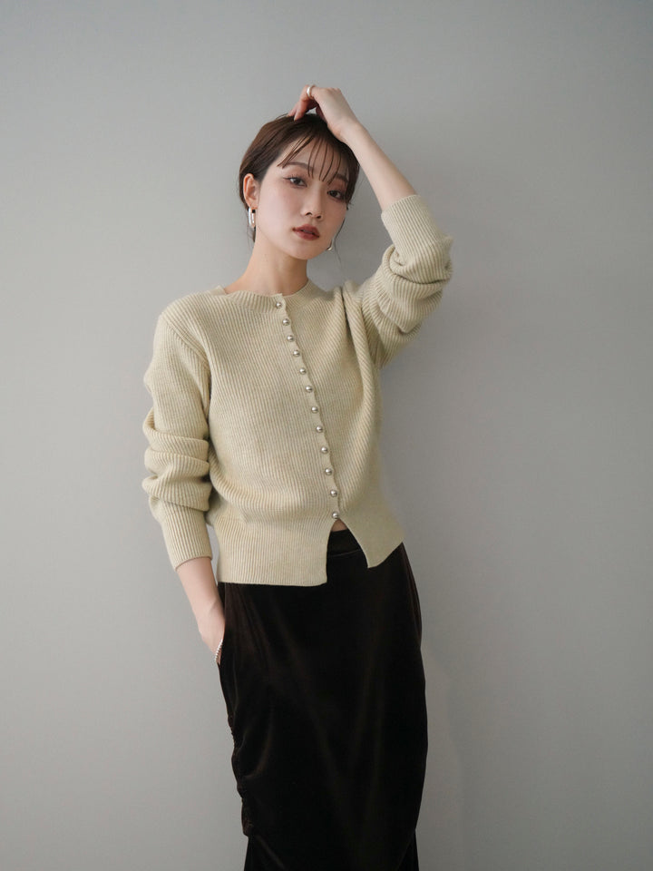 [SET]シルバーボタン畦編みニットカーディガン+ギャザーベロアスカート(2set)