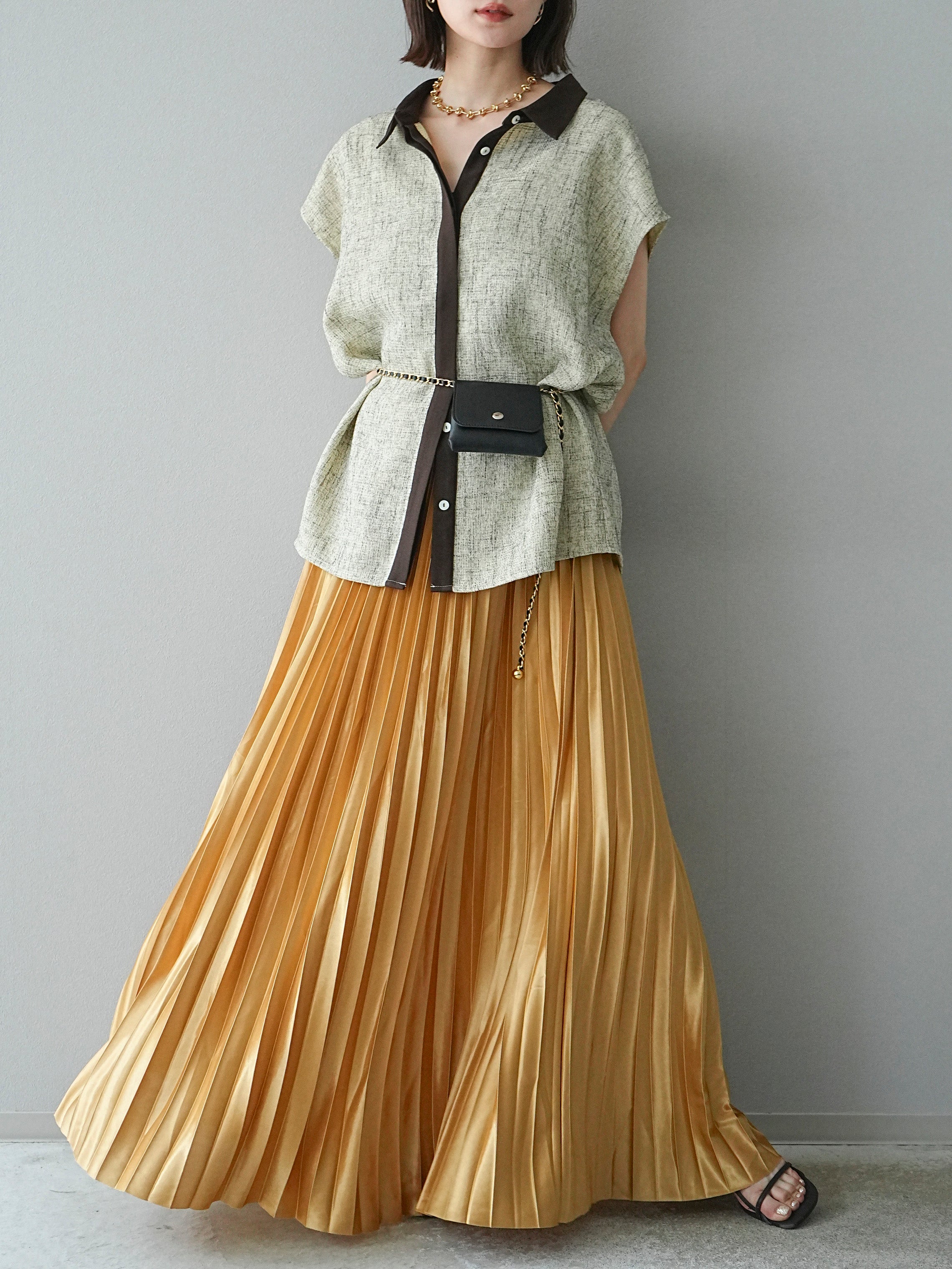 予約]バイカラーサマーツイードフレンチスリーブブラウス/ベージュ