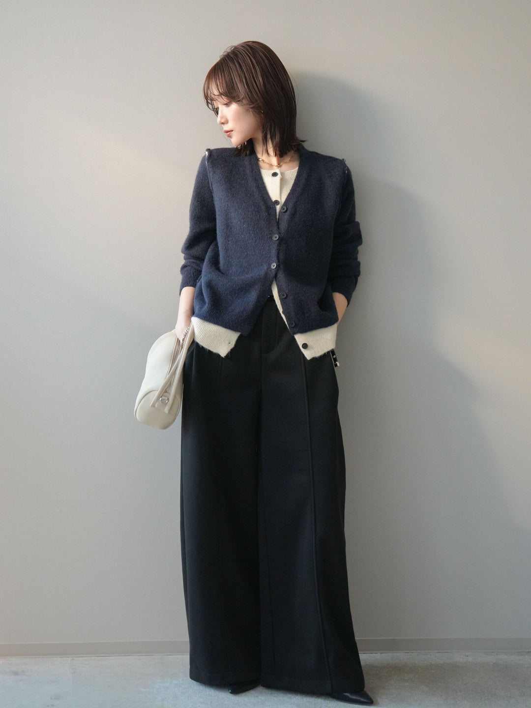 [予約]ベルト付き裏起毛ワイドパンツ/black