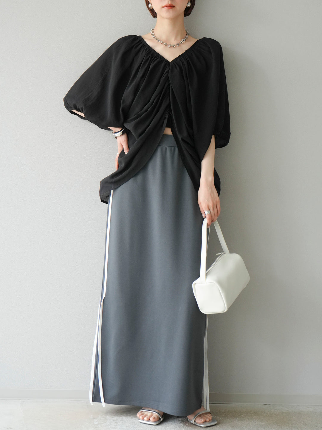 [予約]サイドラインジャージナロースカート/チャコール