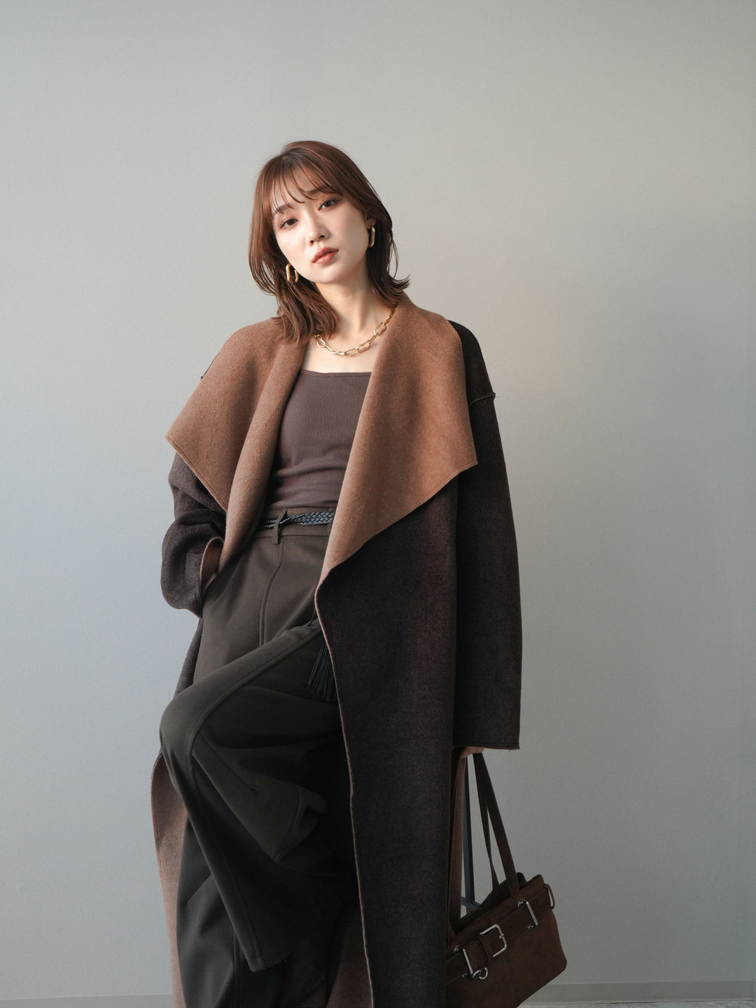 [予約]ダブルフェイスバイカラーロングコート/brown