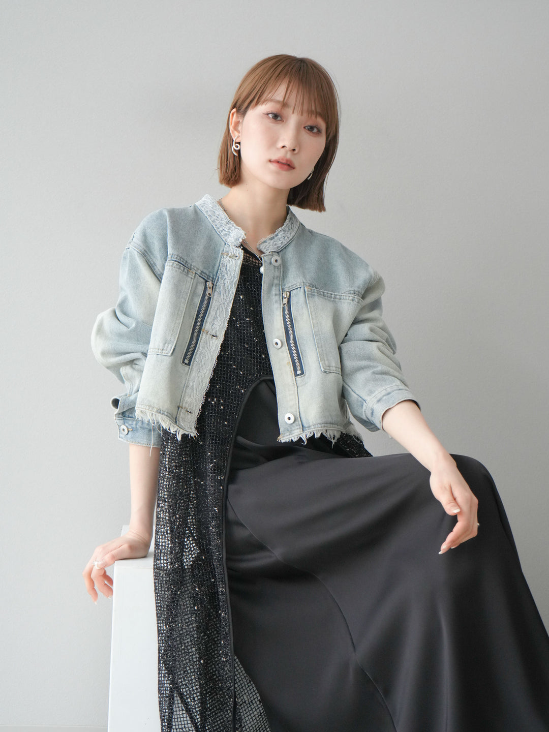 【預購】前開衩網紗連身裙/黑色