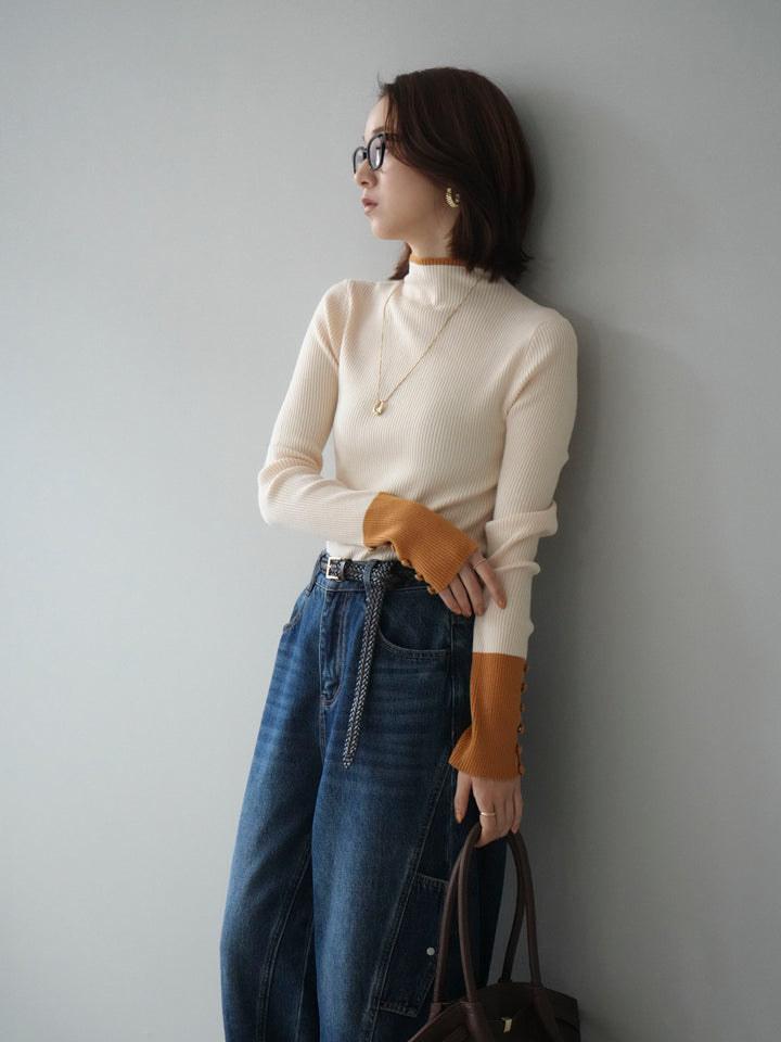 [SET]袖ボタンハイネック配色リブニットトップス+袖ボタンハイネック配色リブニットトップス(2set)