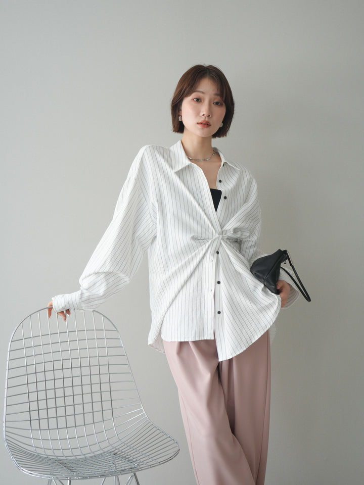 [SET]2WAYカシュクールストライプブラウス+ベルト付キーホルダーモチーフワイドパンツ(2set)