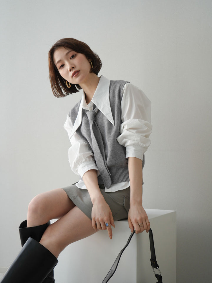 【套裝】蝴蝶結針織背心套裝襯衫+繫帶工裝迷你裙（兩件組）