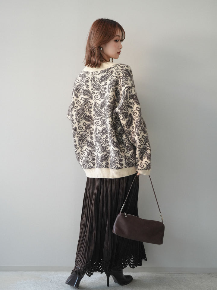 [SET]ペイズリー柄ニットカーディガン+パンチングデザインスエードプリーツスカート(2set)