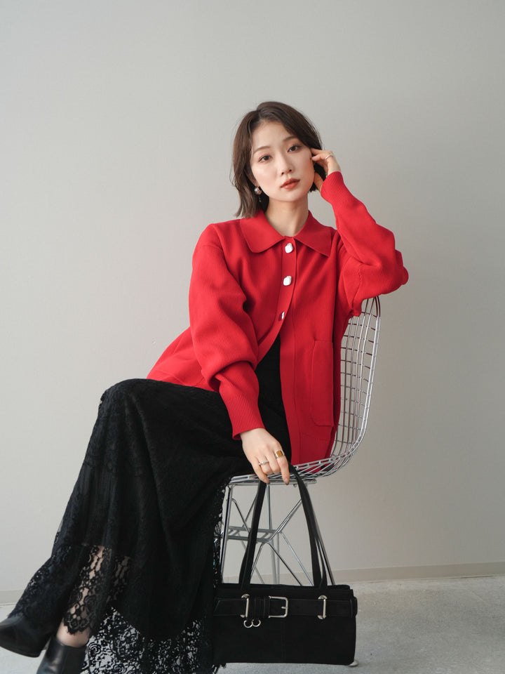 [予約]メタルボタン襟付きポリエステルニットカーディガン/red