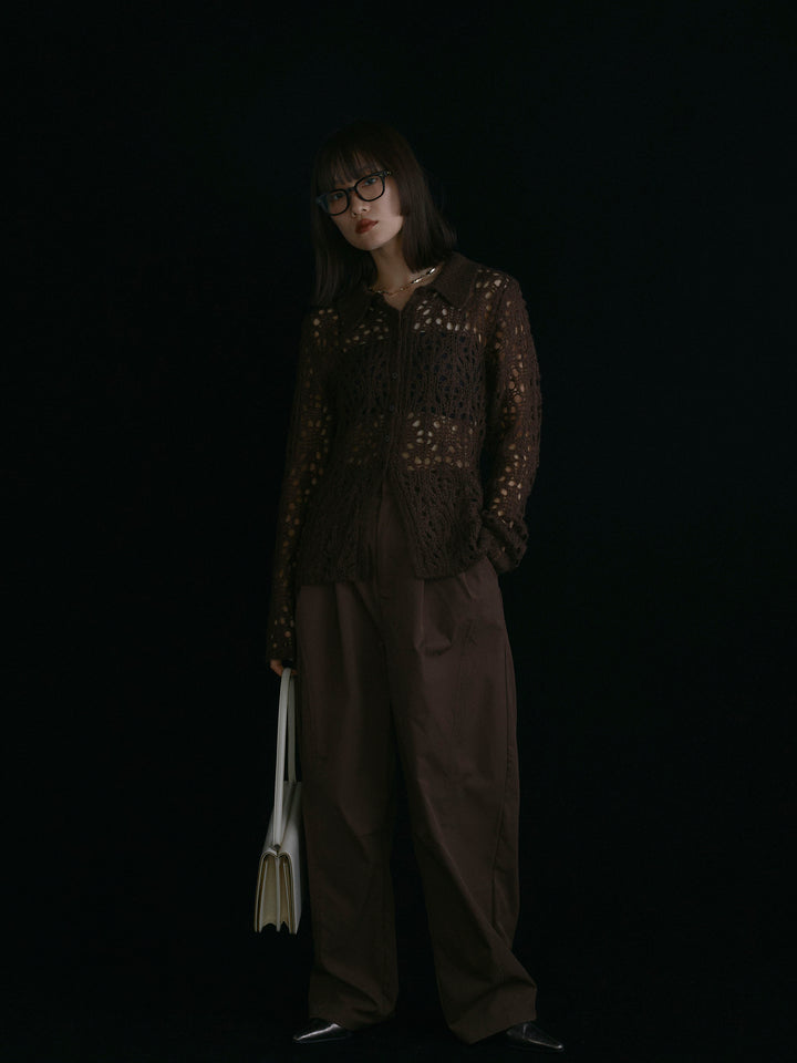 【Allure】[SET]ローゲージ透かし編みポロニッカーディガン+タフタワイドカーブパンツ(2set)