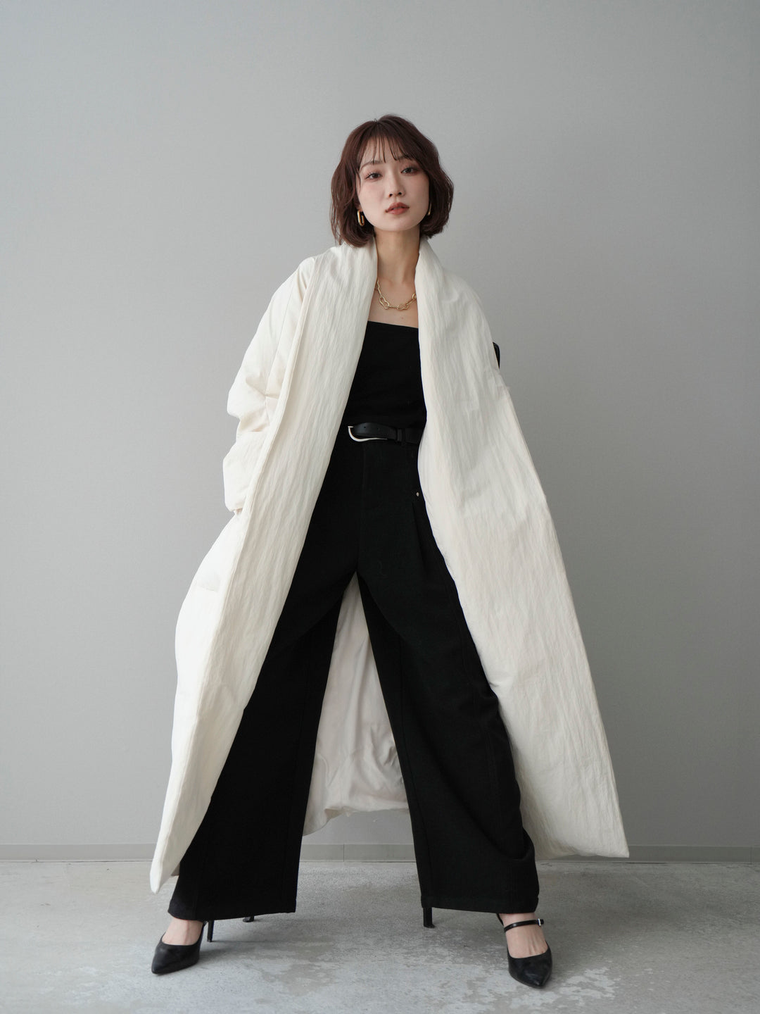 [SET]ロングダウンコート+ベルト付起毛コクーンパンツ(2set)