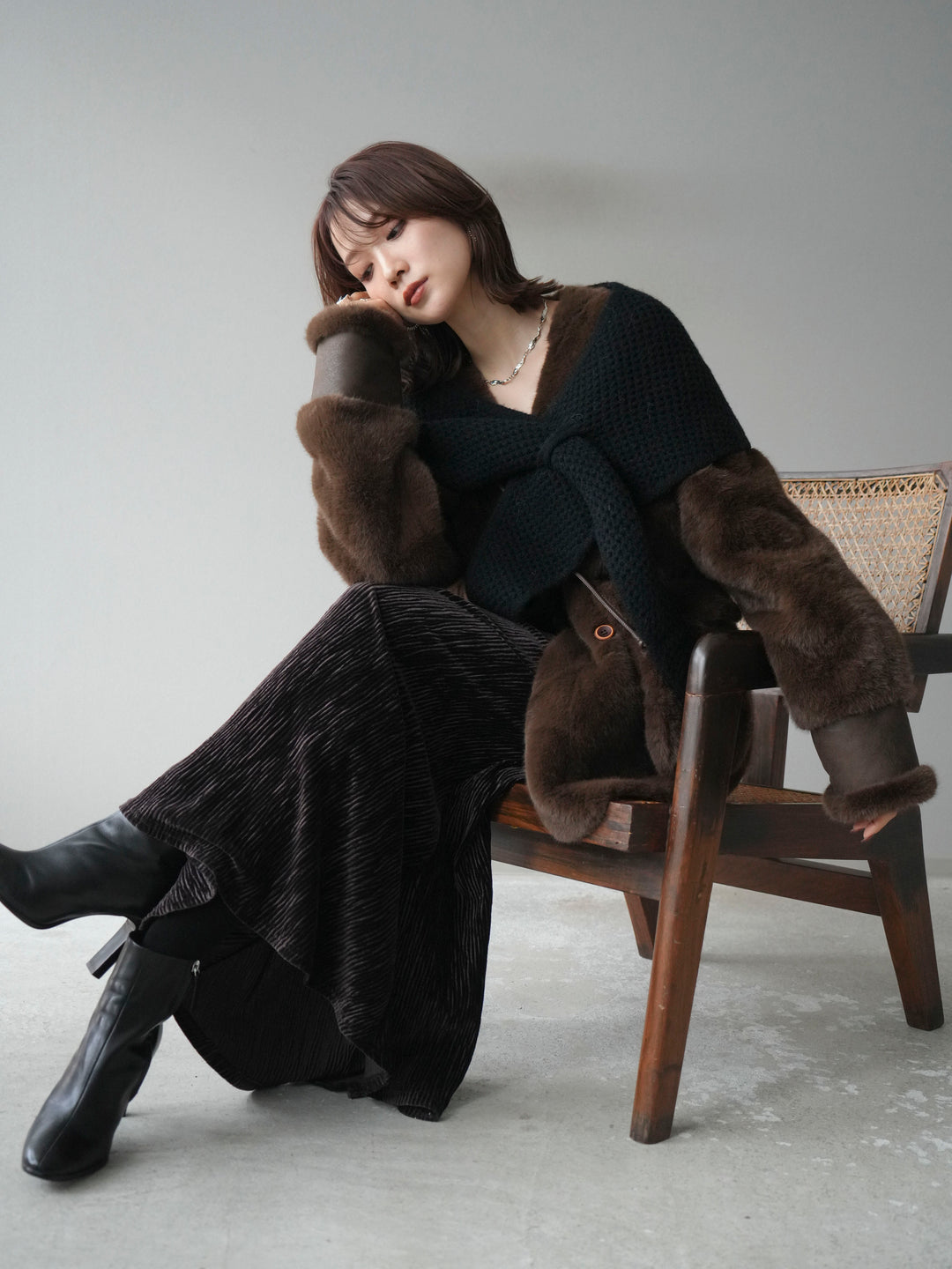 [予約]バッグ付エコファーノーカラーコート/brown