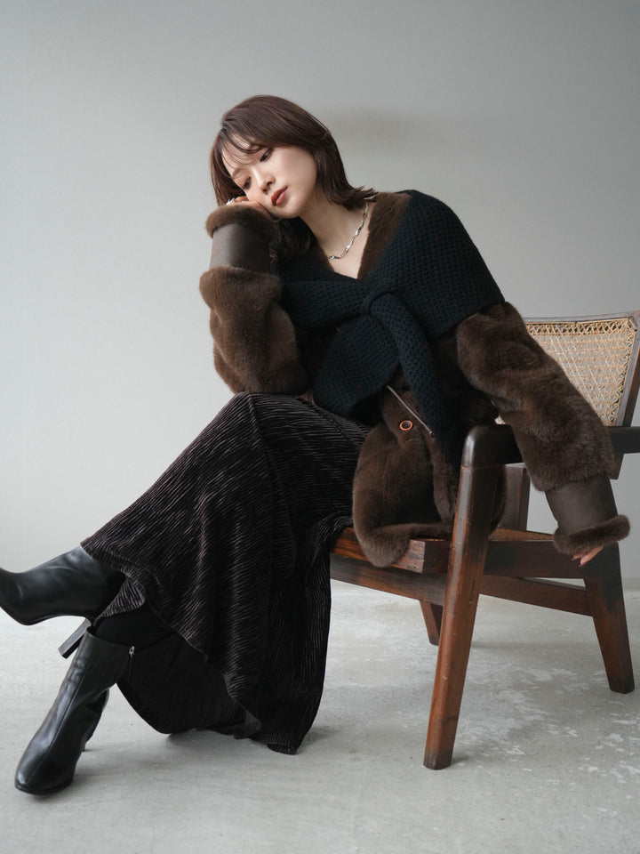 [予約]バッグ付エコファーノーカラーコート/brown