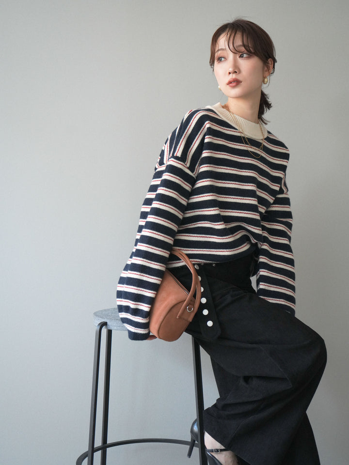 [予約]モックネックボーダーニットプルオーバー/navy