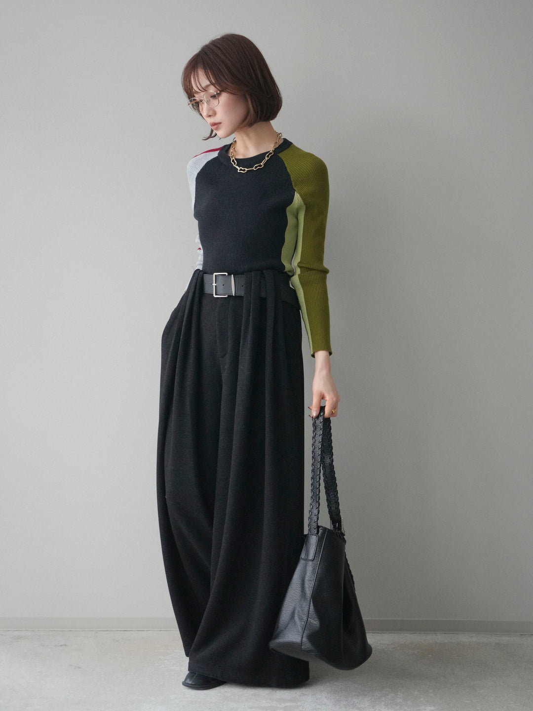 [SET]バイカラーラグランニットトップス+ベルトデザインループウールワイドパンツ(ベルト付)(2set)