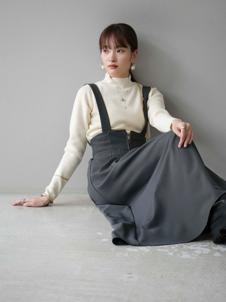 [預訂] 瓶頸配色設計紐扣針織上衣/象牙色