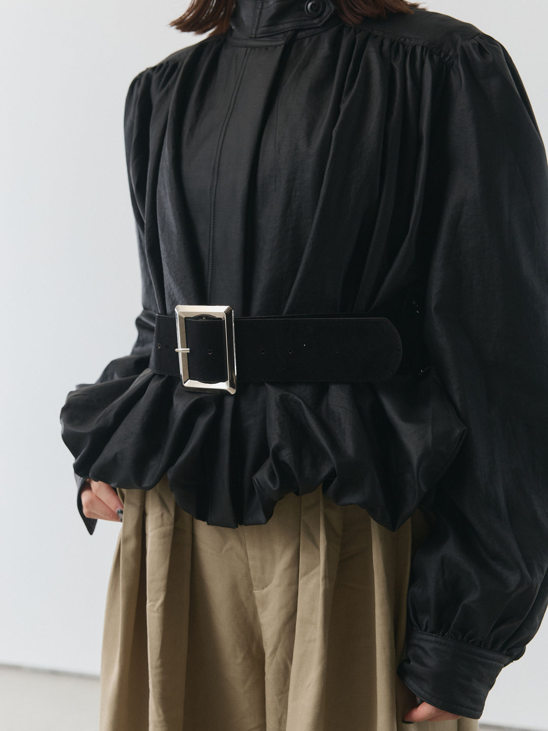 【Allure】[SET]フラワーレーストップス+ベルト付ダブルループワイドパンツ+ベルト付バルーンレザーブルゾン(3set)