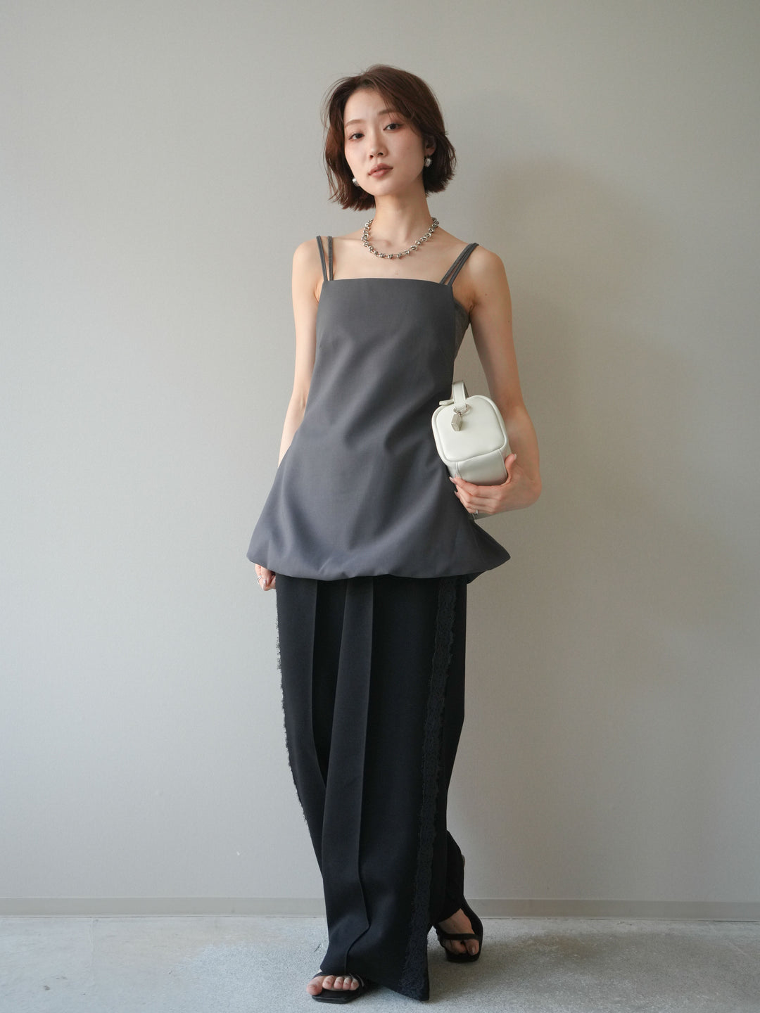 [SET]バックリボンバルーンチュニックキャミ+サイドレースポンチワイドパンツ(2set)