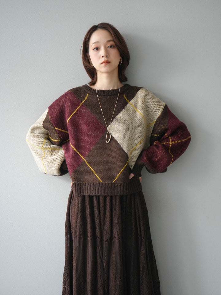 [SET]配色ステッチアーガイル柄ニットプルオーバー+ヴィンテージライクメッシュレーススカート(2set)
