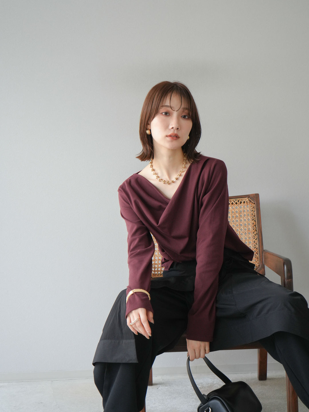 [予約]ドレープデザインカットソー/ブラウン