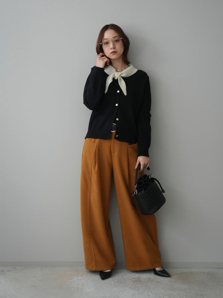 [SET]デザイン襟ニットカーディガン+ベルト付起毛コクーンパンツ(2set)