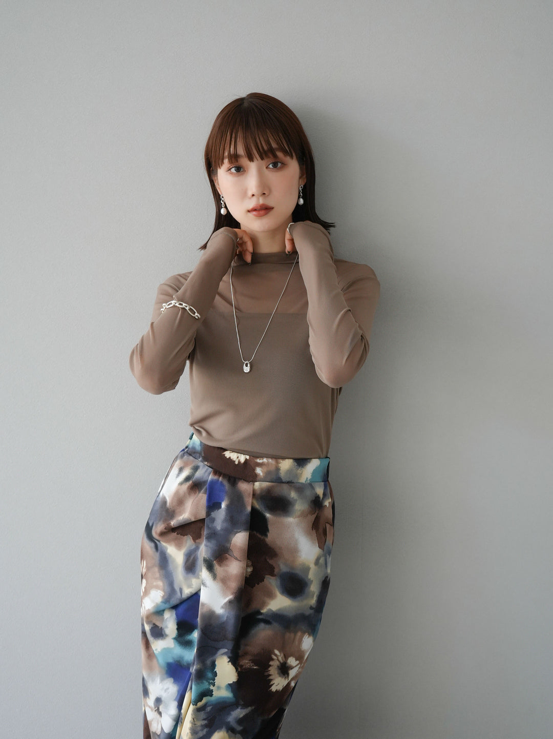 [SET]シアー切替ストレッチ長袖トップス+シアー切替ストレッチトップス(2set)