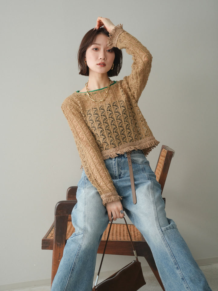 [予約]扇透かし編みクロップドニットプルオーバー/beige