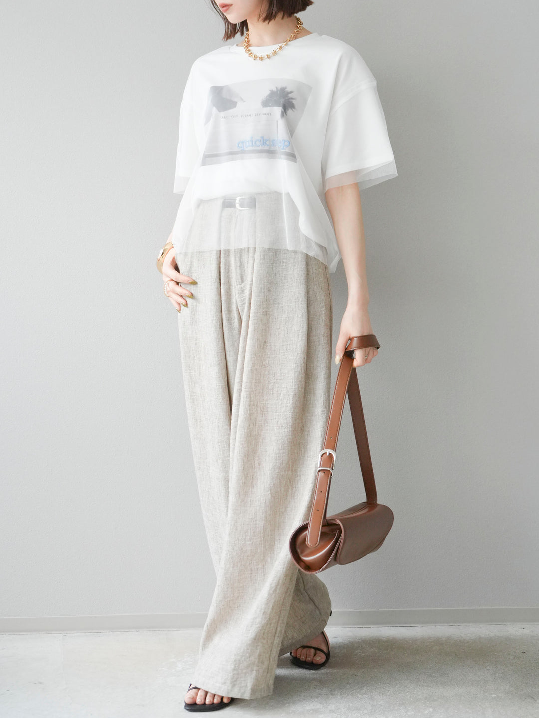 [予約]リネンライクベルト付タックループワイドパンツ/ベージュ