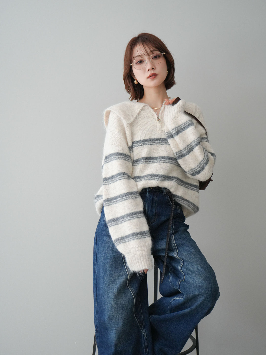 [予約]ハーフジップボーダーニットプルオーバー/ivory