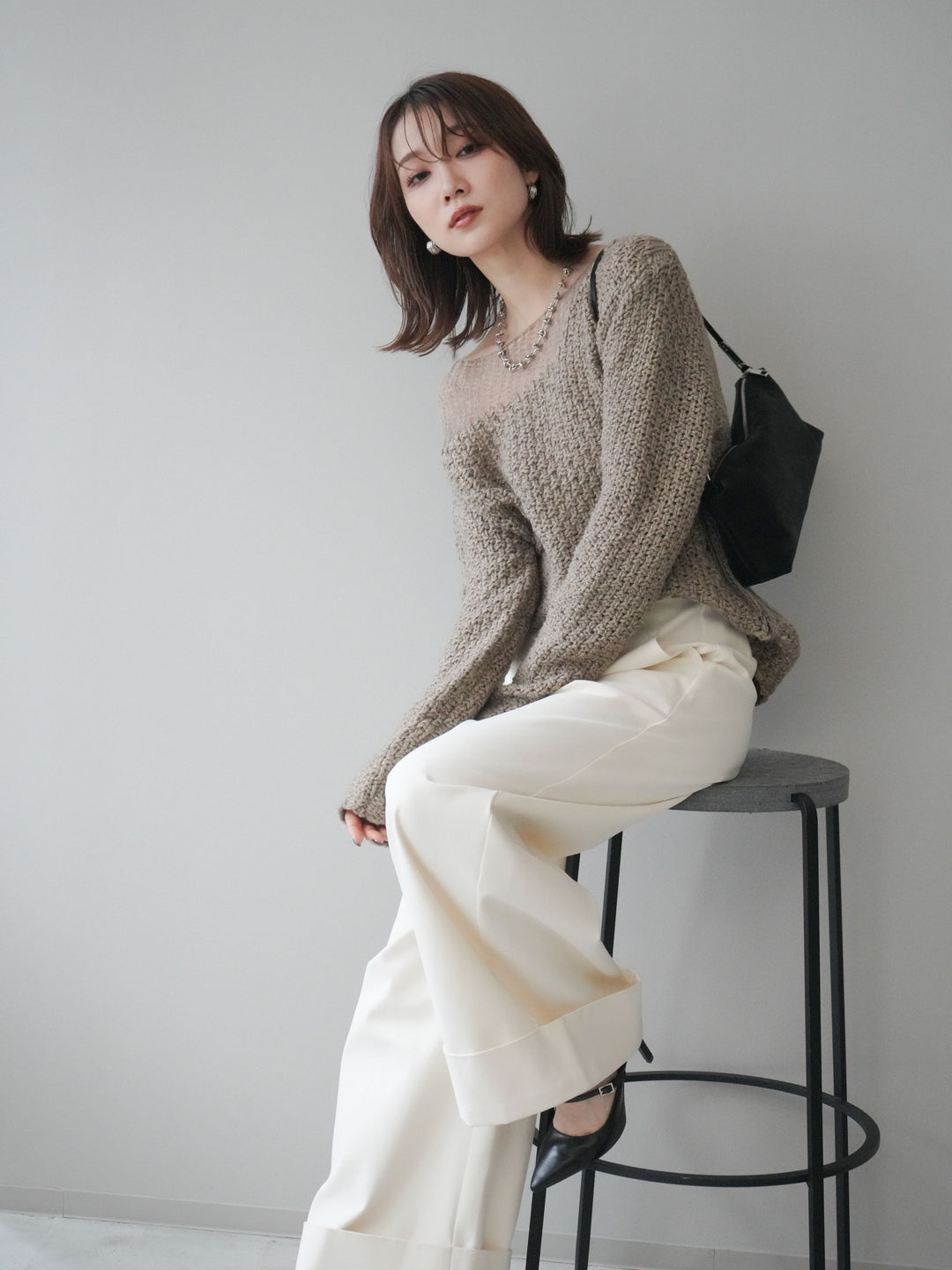 [予約]ダメージデザインニットプルオーバー/greige