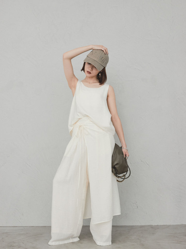 [SET] 洗衣機緞面透明層疊背心 + 洗衣機緞層疊裙褲 (2set)