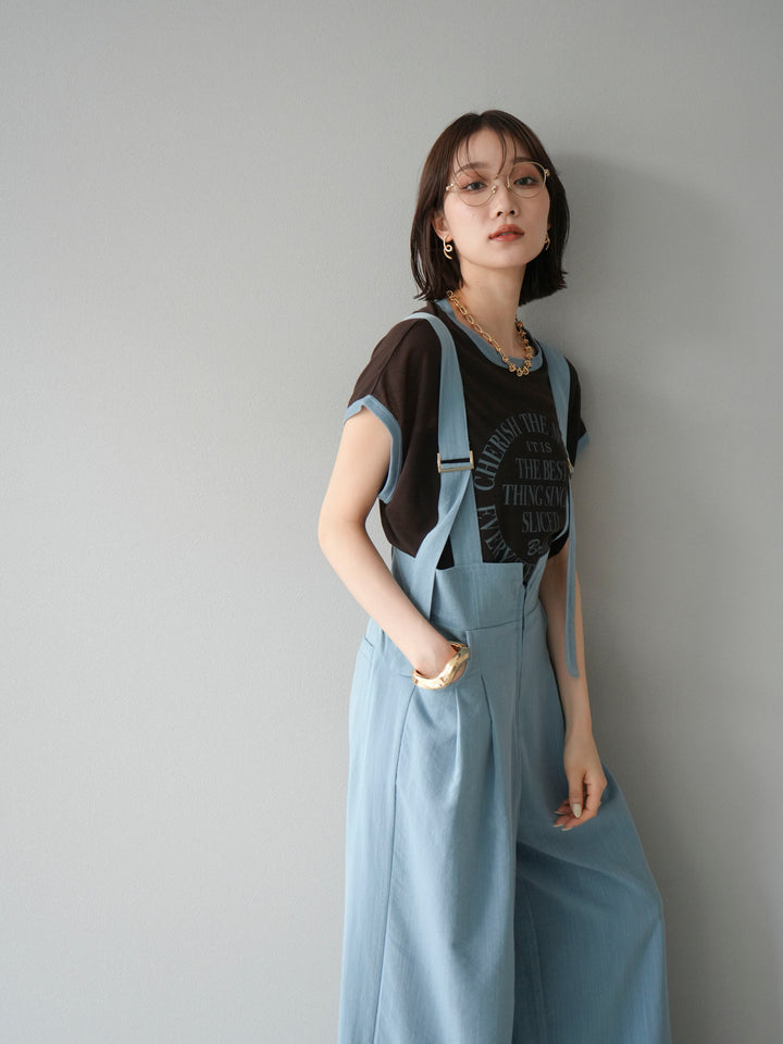 [SET]ストリングデザインハイウエストサロペット+シアーフライス ロゴプリントT (2set)