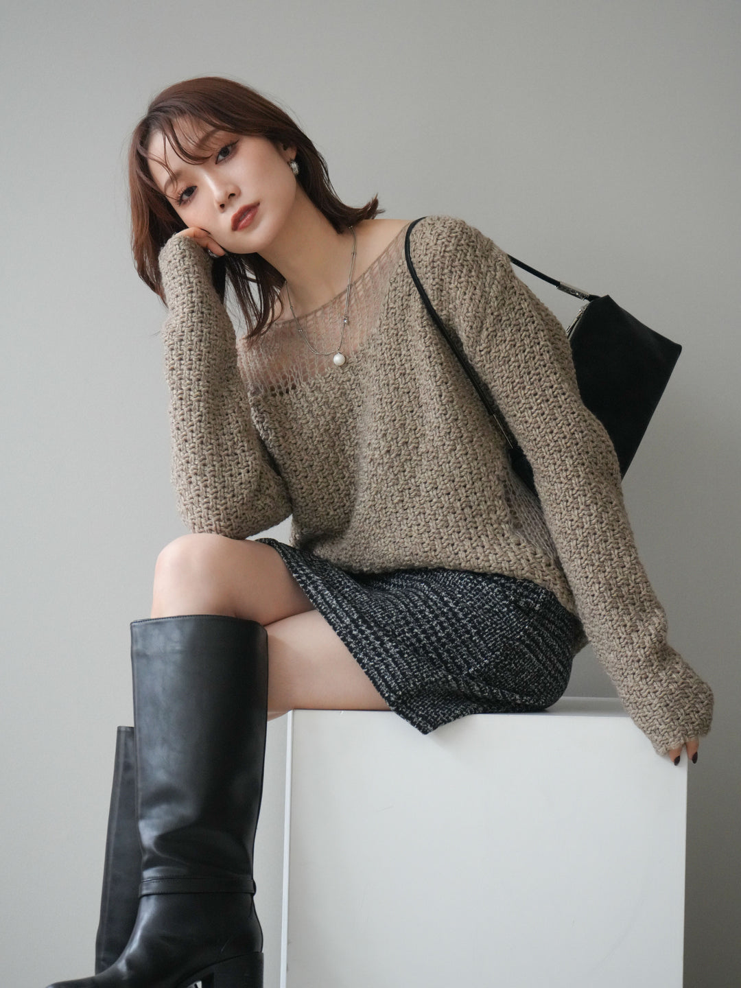 [予約]ダメージデザインニットプルオーバー/greige