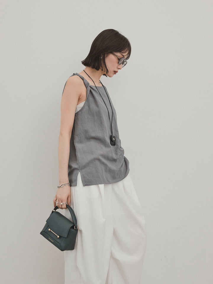 [SET]レザーネックレス付ツイストノースリブラウス+デザインループサイドタックパンツ(2set)