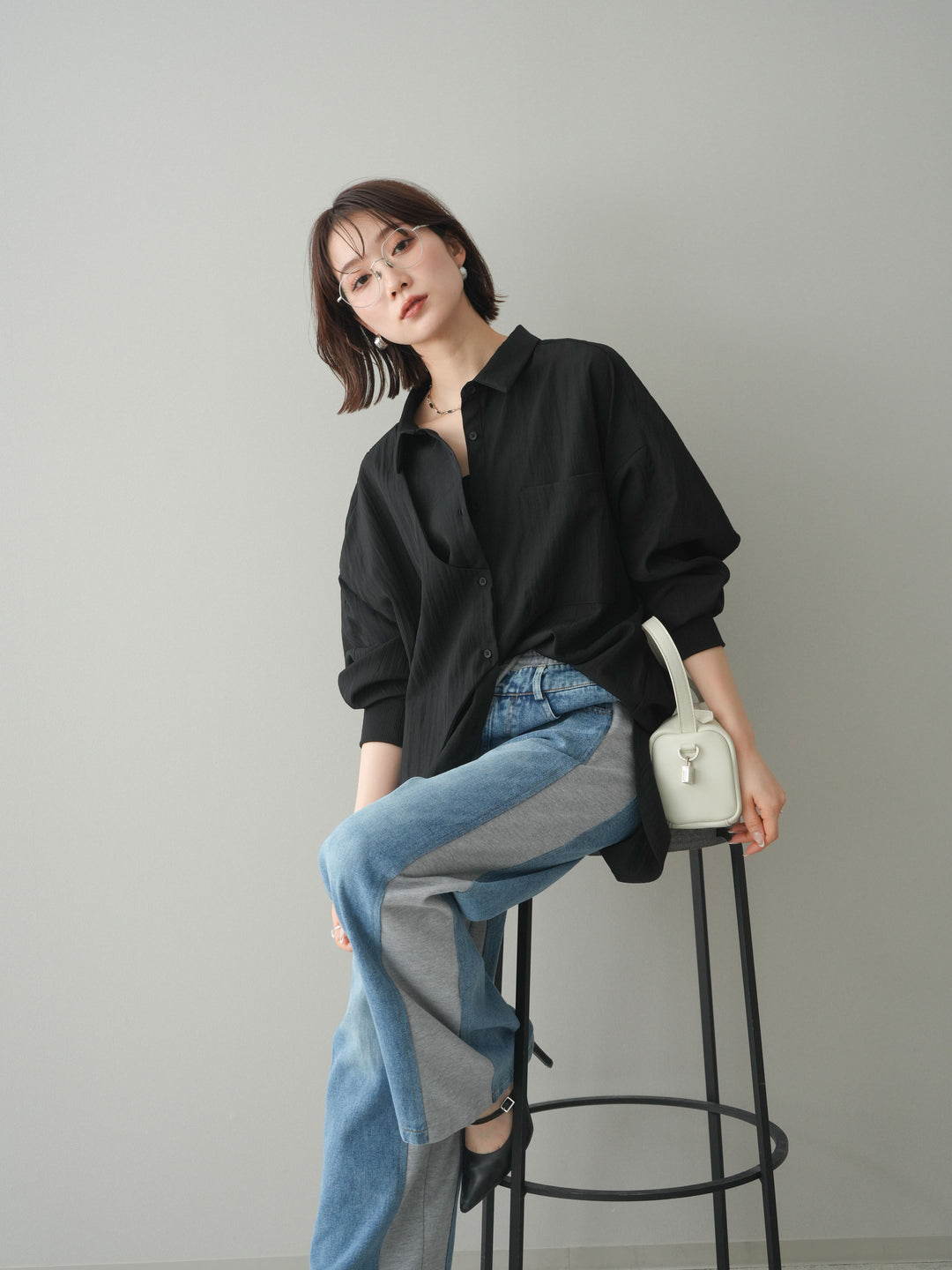[予約]リブカフスアシンメトリーZIPデザインオーバーシャツ/black