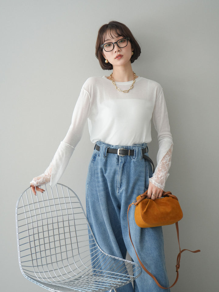 [SET]袖レースレイヤードデザインメロートップス+選べるアクセセット(2set)