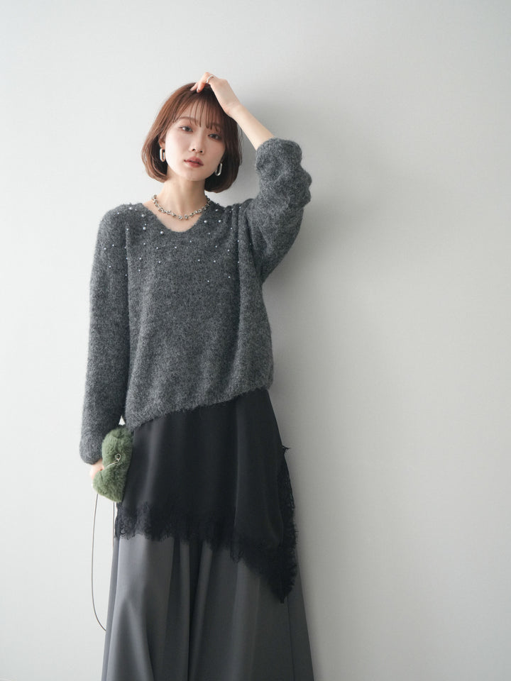 [SET]パール×ビジューVネックニットプルオーバー+アシンメトリーサテンレースキャミソール+テープベルトタックバギーパンツ(3set)