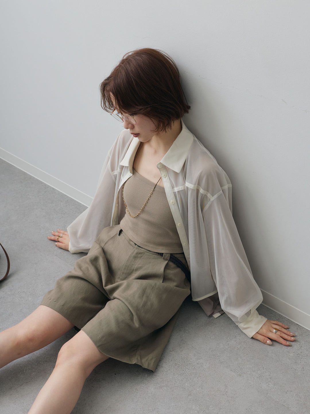 [SET]シアーレイヤードシャツ+リネンライクタックハーフパンツ(2set)