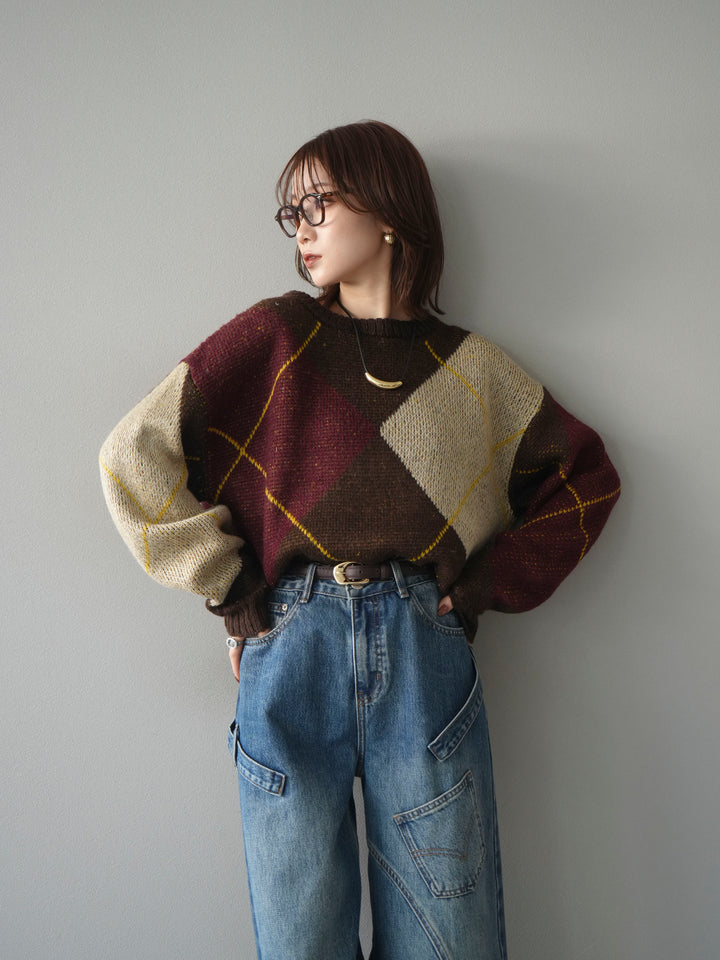[予約]配色ステッチアーガイル柄ニットプルオーバー/brown