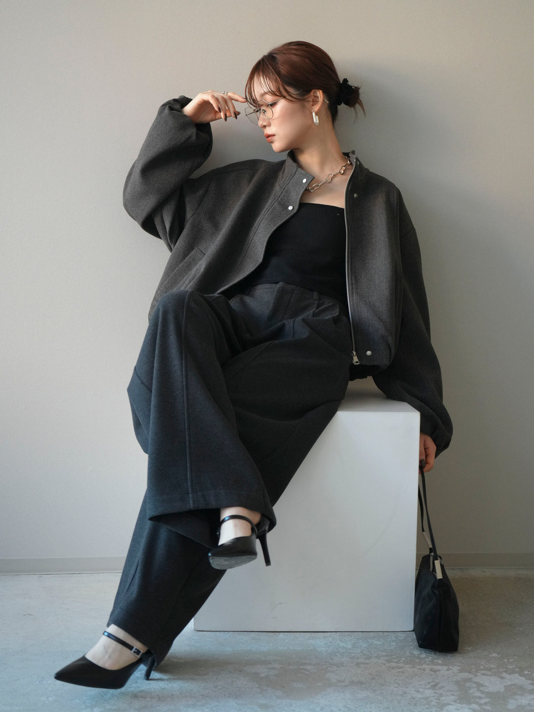 [予約]タックデザインジップブルゾン/charcoal