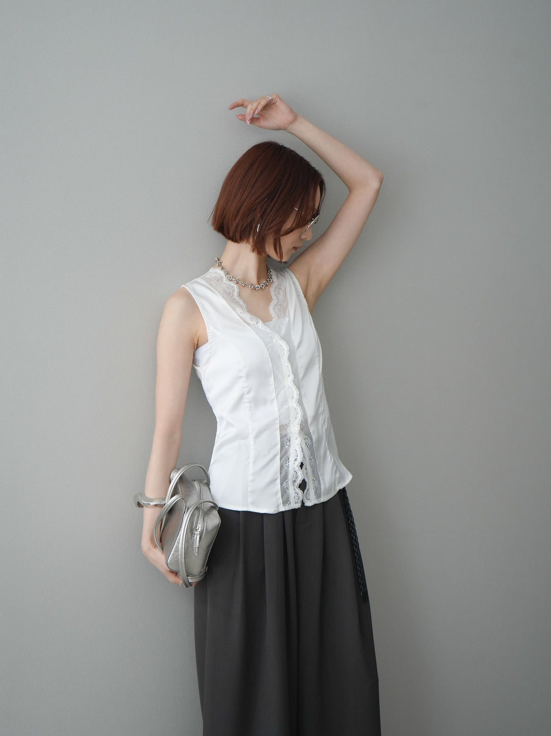 [予約]ノースリサテンレースキャミソール/white