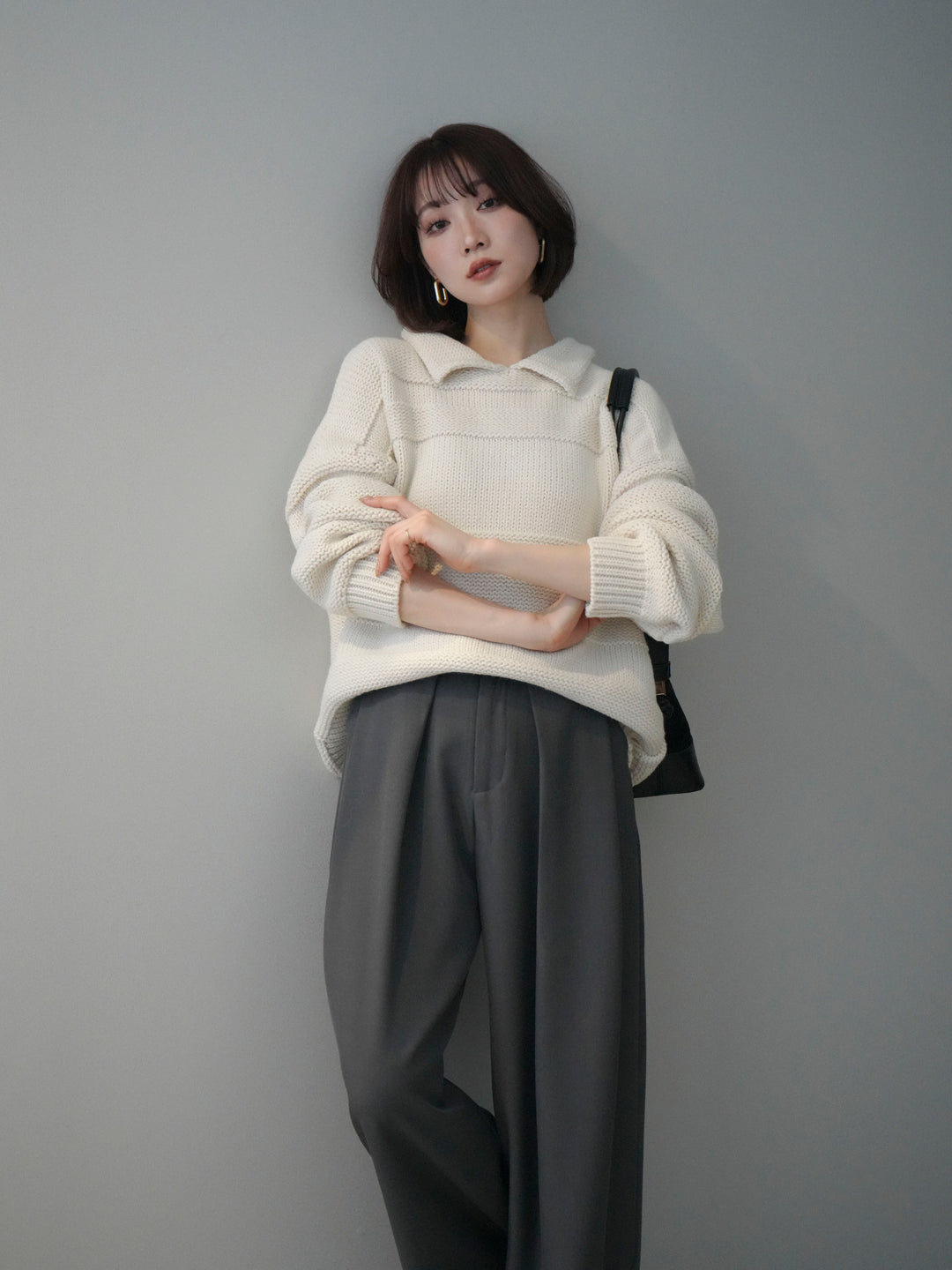 [SET]襟付きボーダー編みニットプルオーバー+ベルトループデザインワイドパンツ(2set)