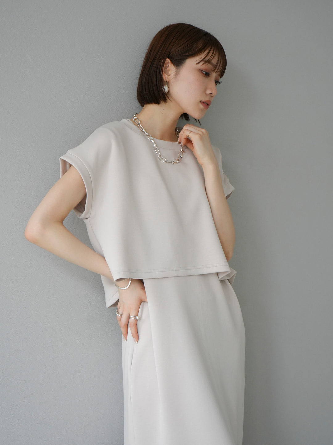 [Pre-order] Light Ponte French Sleeve Top Ensemble Dress/Ivory