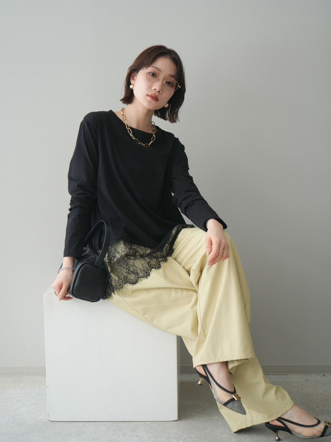 [SET]裾レースロングスリーブTシャツ+選べるアクセセット(2set)