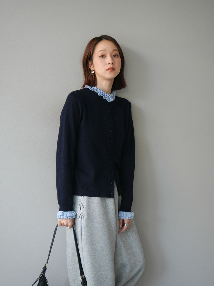 [予約]フリルデザインコンパクトニットカーディガン/ネイビー