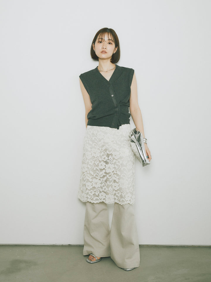 [SET]2WAYデザインニットベスト+レイヤードスカートセットフレアパンツ(2set)